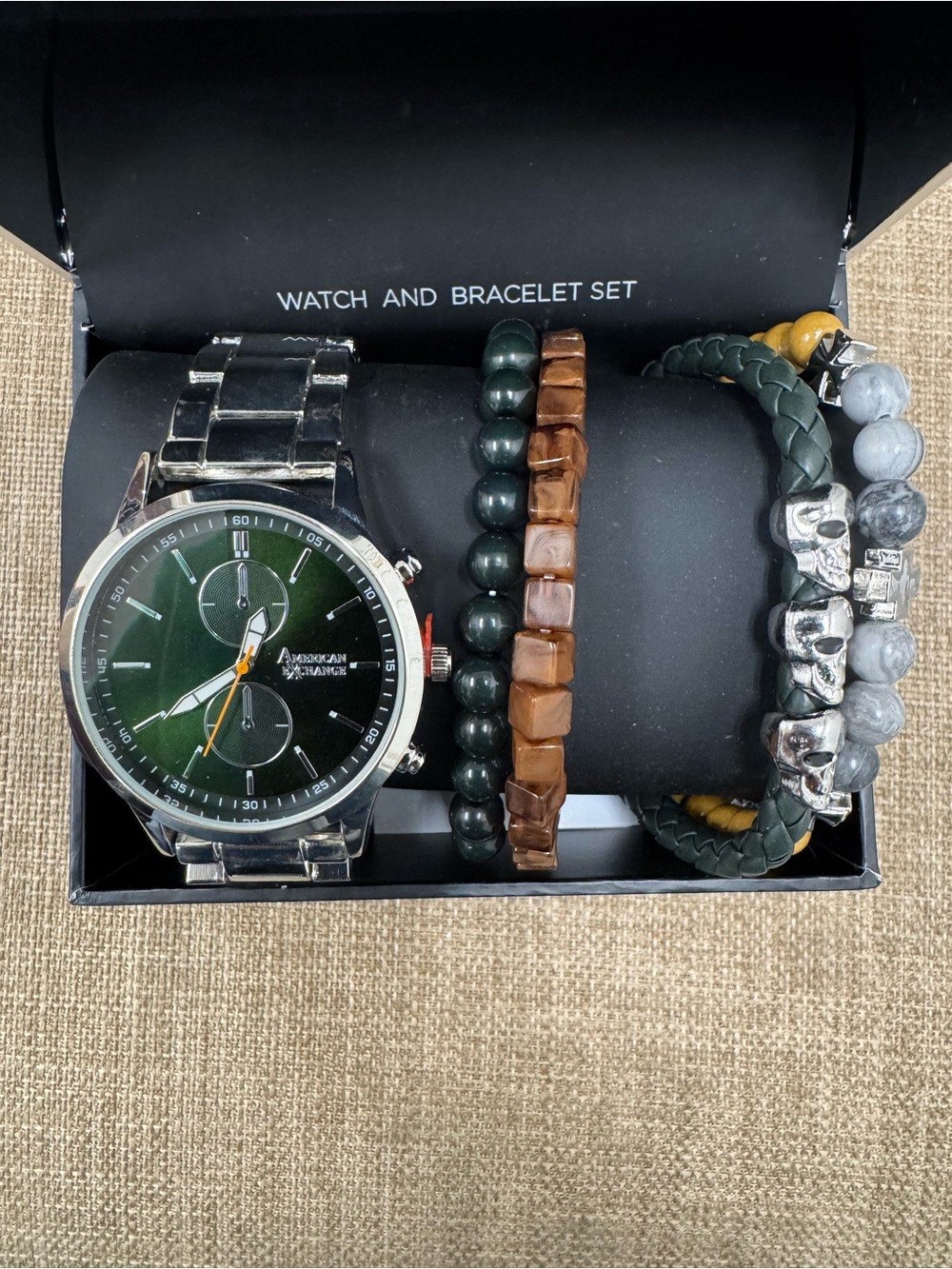 American Exchange Stainless Steel Watch & Bracelet Set, Green Dial